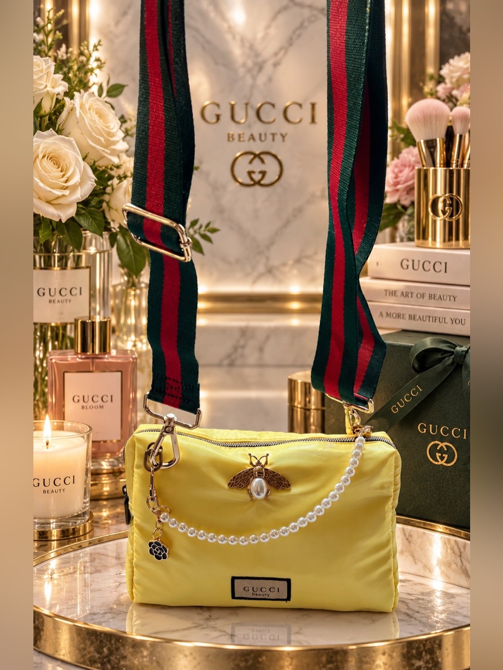 Gucci beauty Yellow Bee Pearl-Embellished Crossbody Bag with Green-Red Strap
